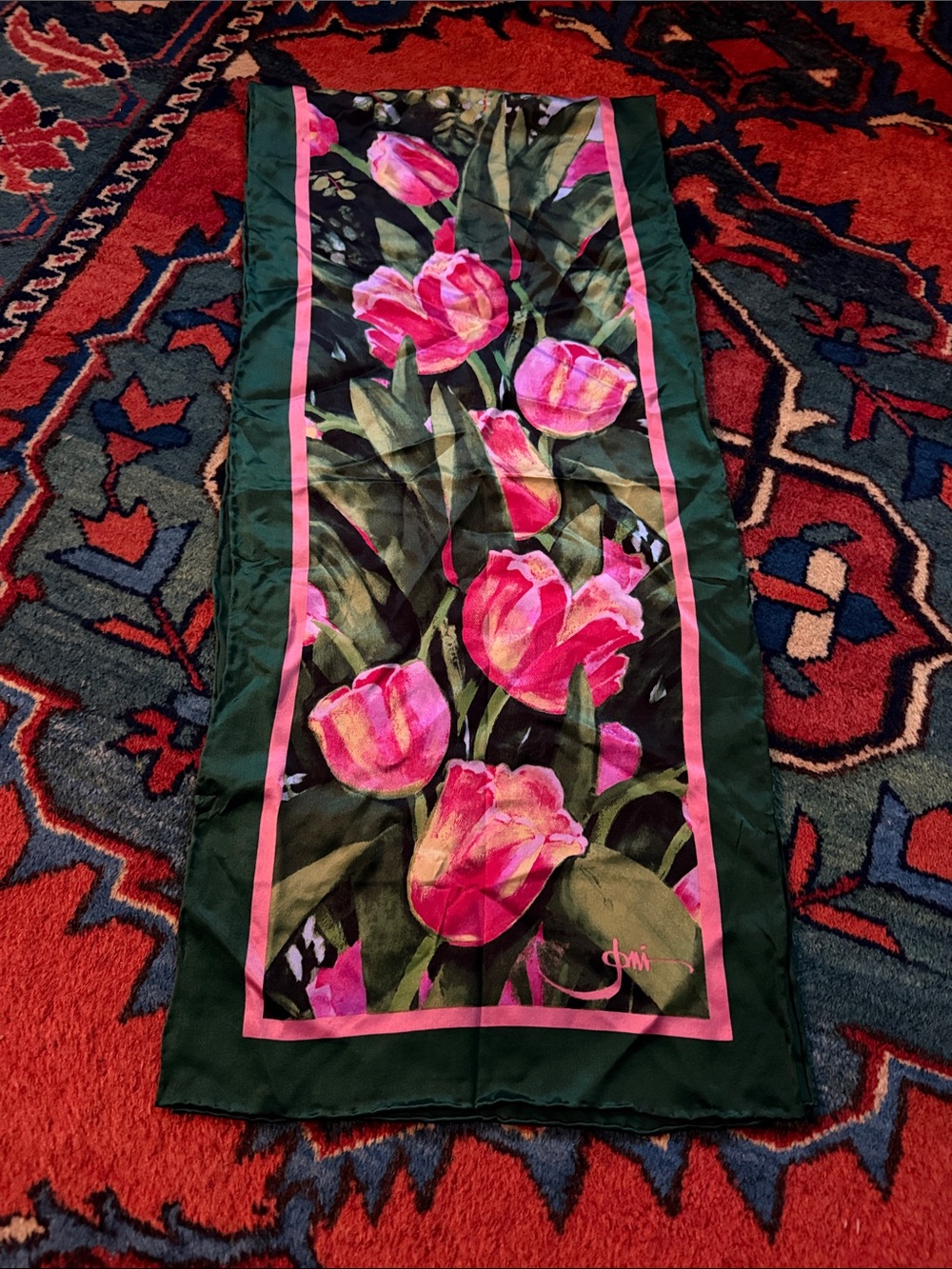 Floral Tulip Print Long Scarf in Pink and Green 100% Silk